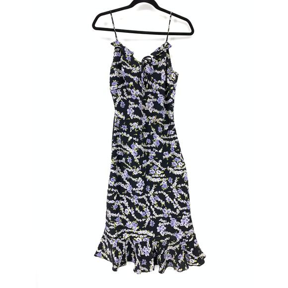 Vintage 90s Midi Dress Womens Size S/M Black Purple Floral Print Ruffle Detail - Picture 1 of 5